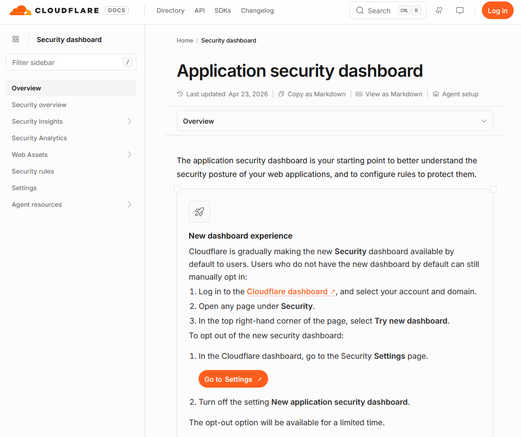 The new Cloudflare documentation landing page that acts as a hub for the unified security tools